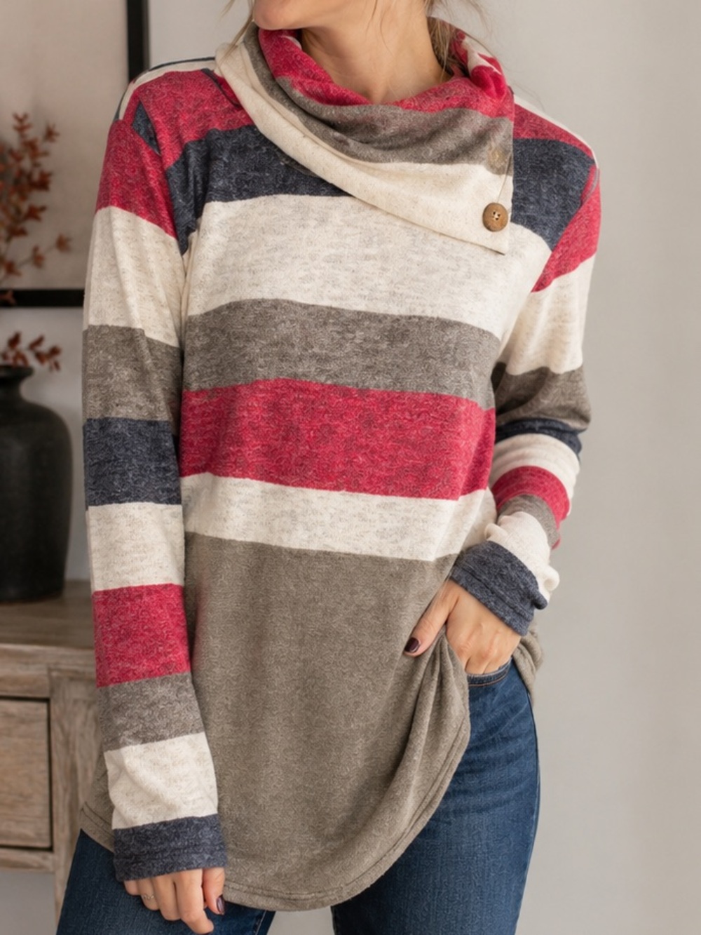 Flamingo Urban Striped Cowl Neck Tunic Sweater Colorblock Size M